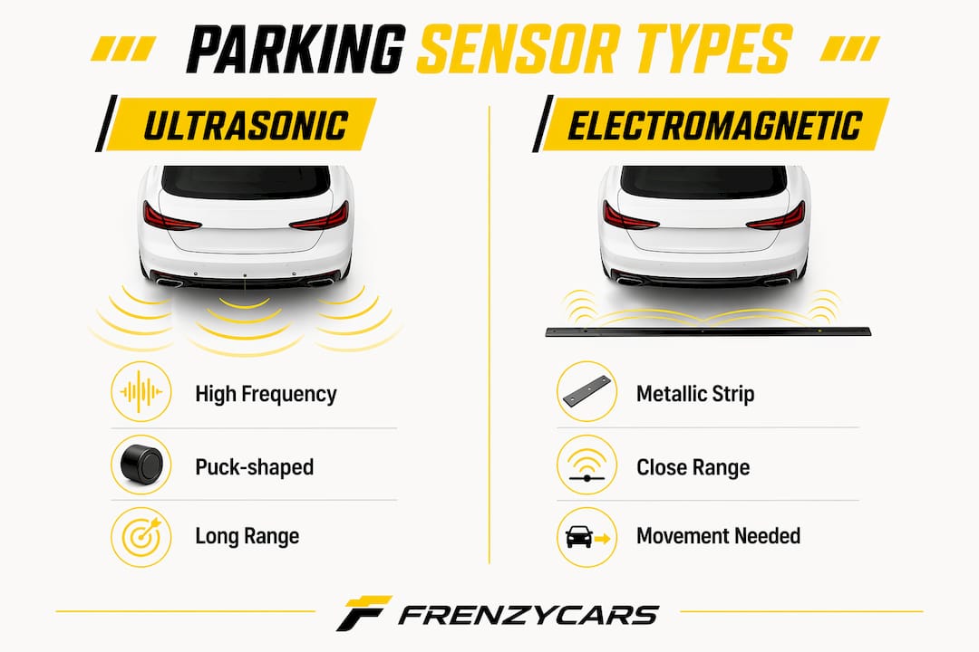 Infographic comparing ultrasonic and electromagnetic parking sensors