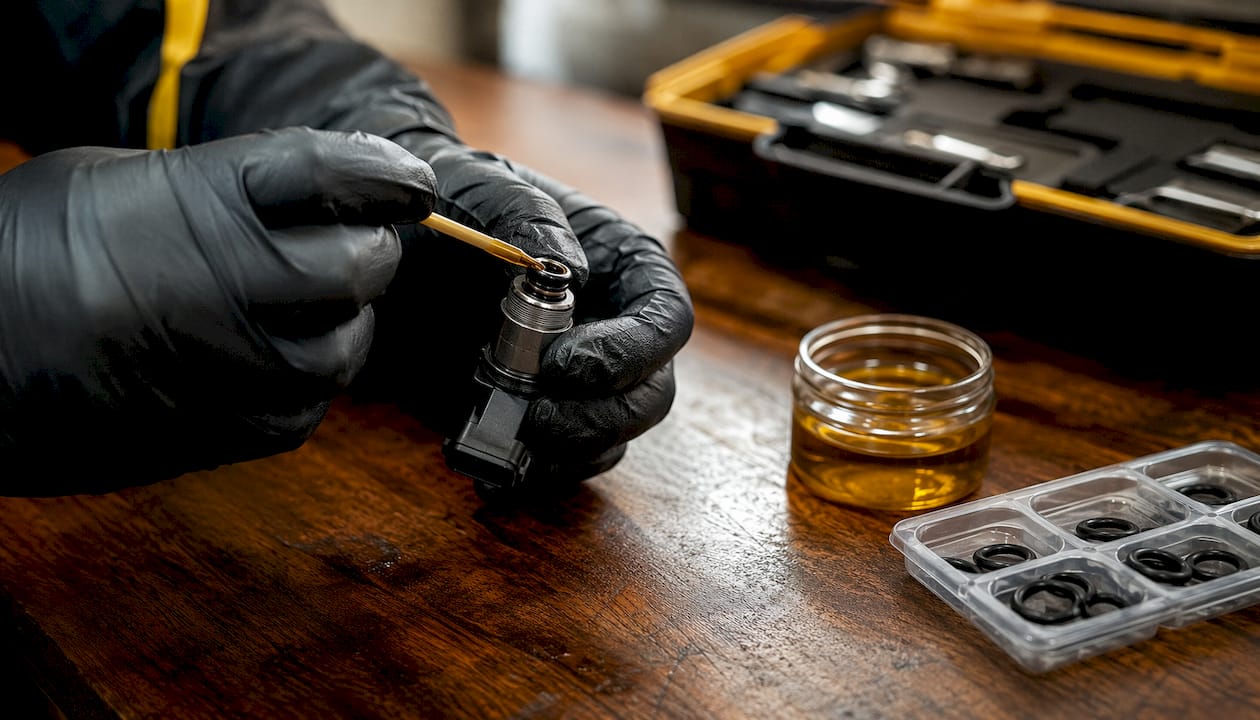 Gloved hand oiling fuel injector O-ring before install