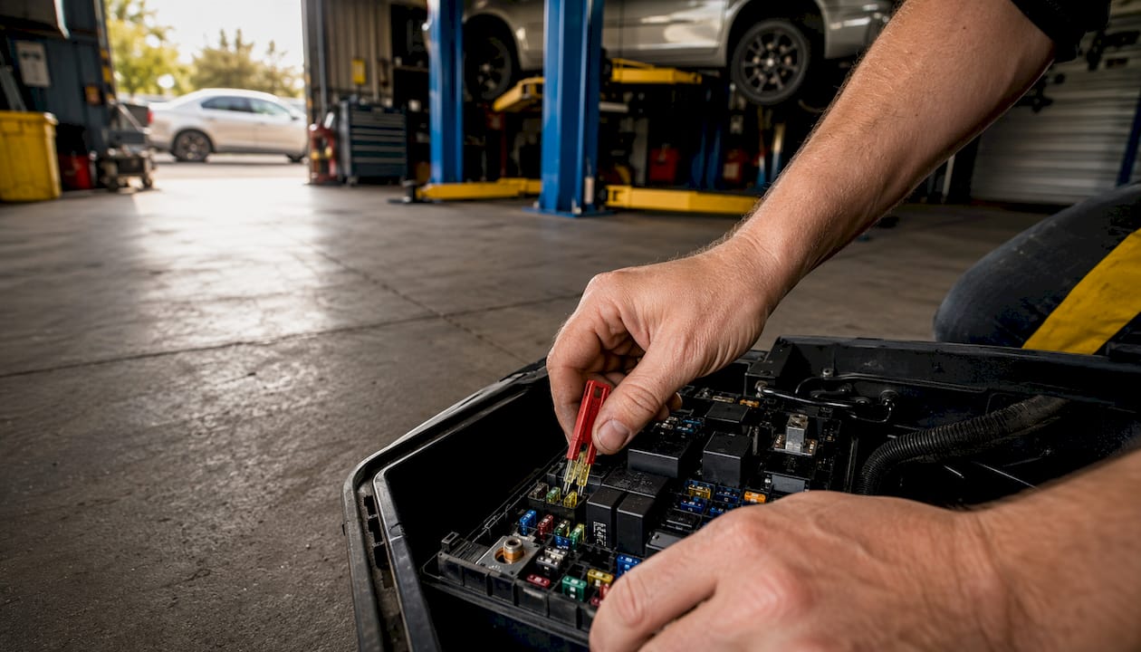Hands removing fuel pump fuse in engine bay