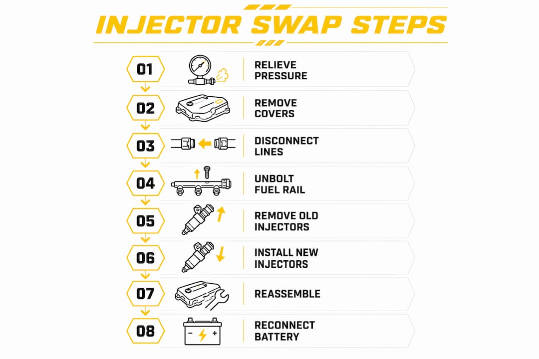 Infographic displaying step-by-step fuel injector swap process