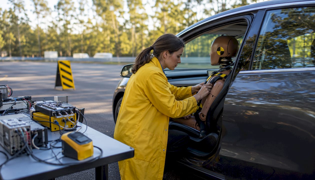 Technician inspecting crash test dummy in safety lab