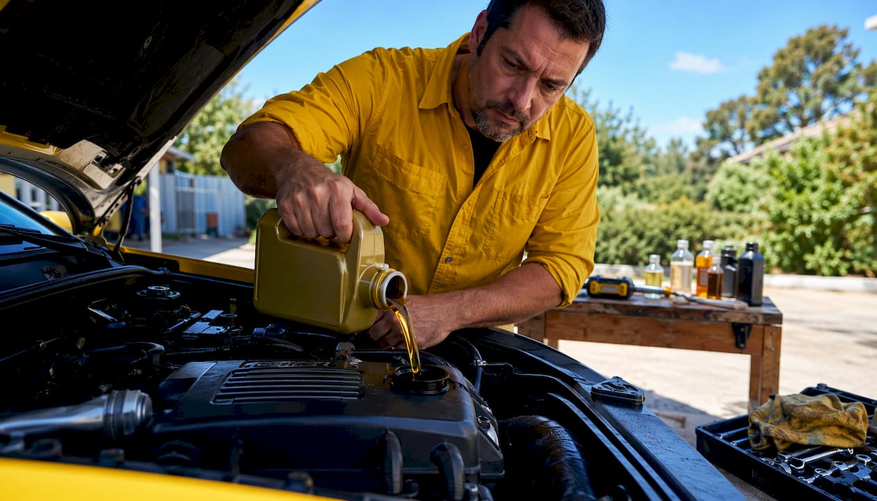 Hand pouring engine oil for cooling