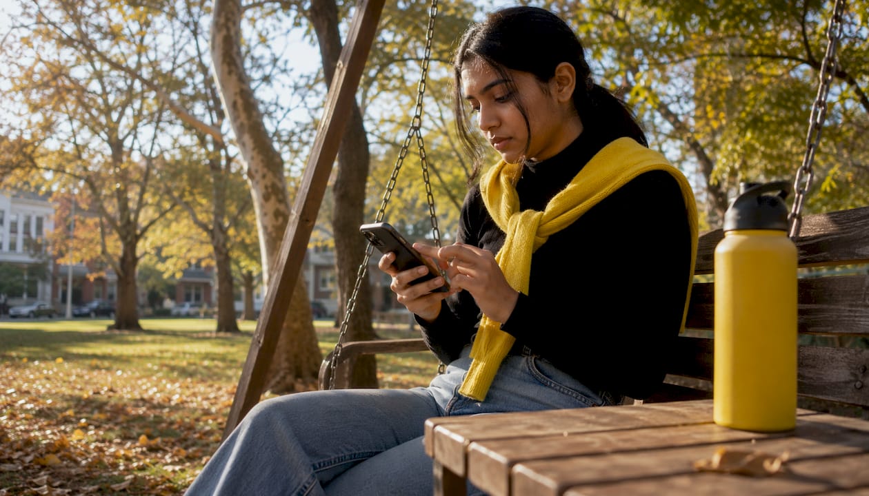 Hands using smartphone for DMV records outdoors