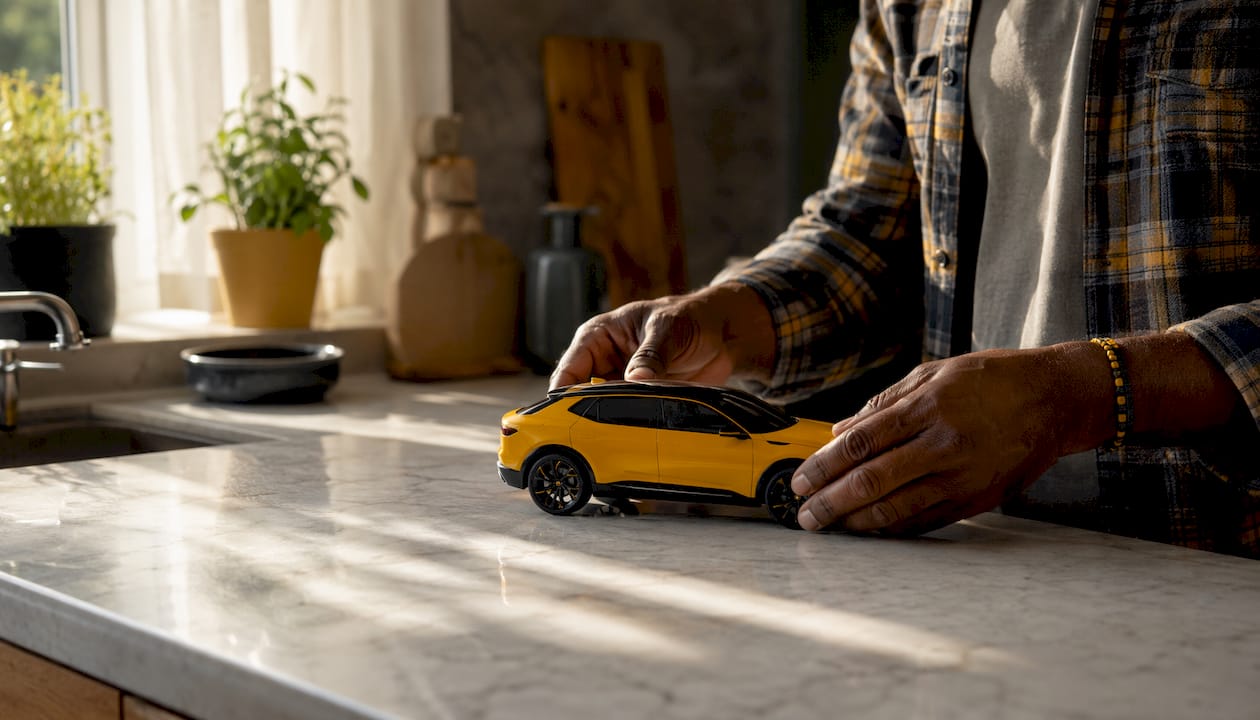 Hands holding EV model over green globe