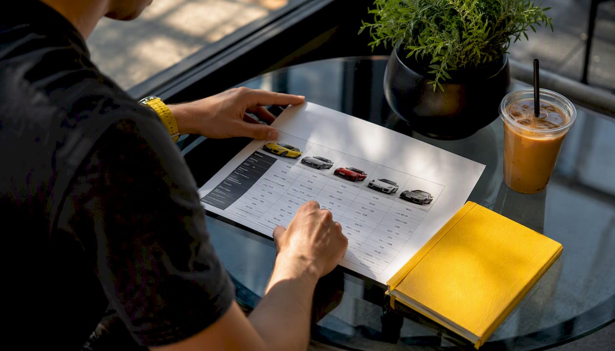 Hands pointing at sports cars comparison table