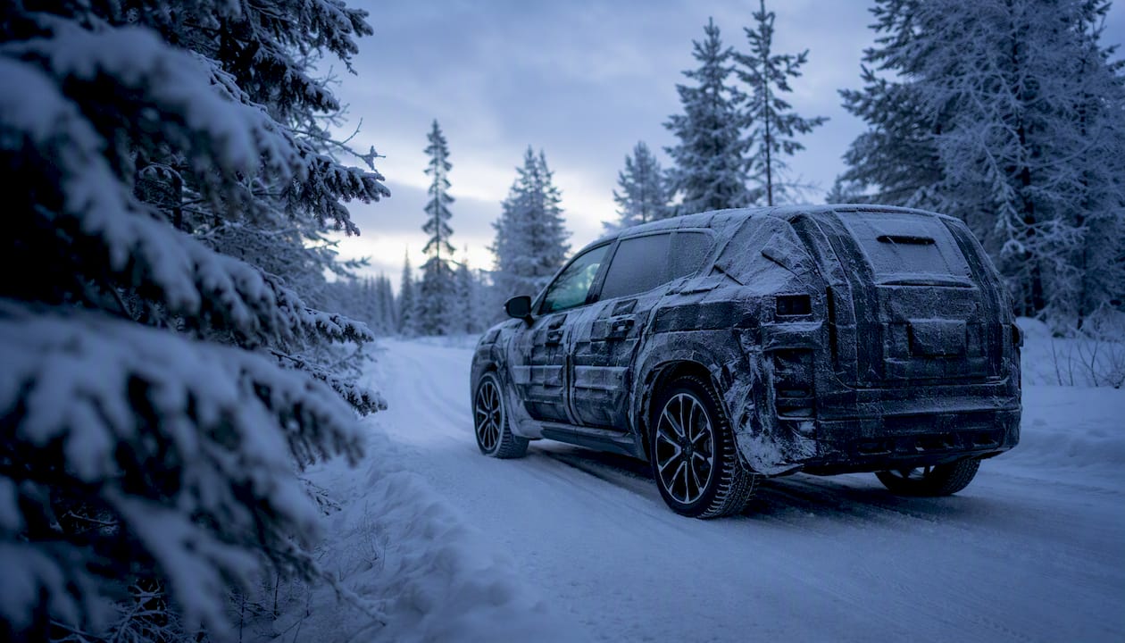Heavily camouflaged prototype vehicle on snowy forest road