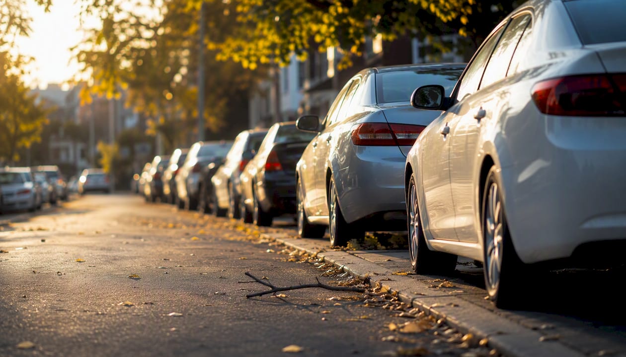 Suburban street with compact sedans parked