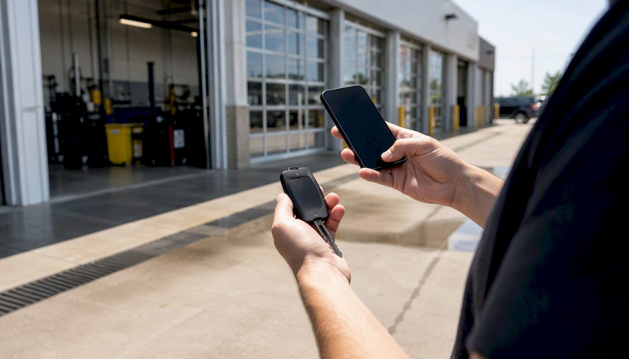 Hands holding car keys and smartphone outside dealership service bay
