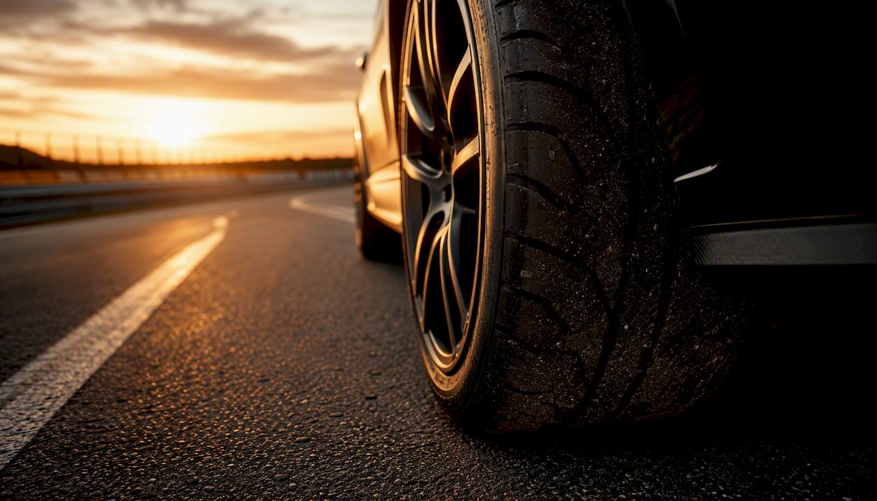 Sports car wheel at racetrack sunset