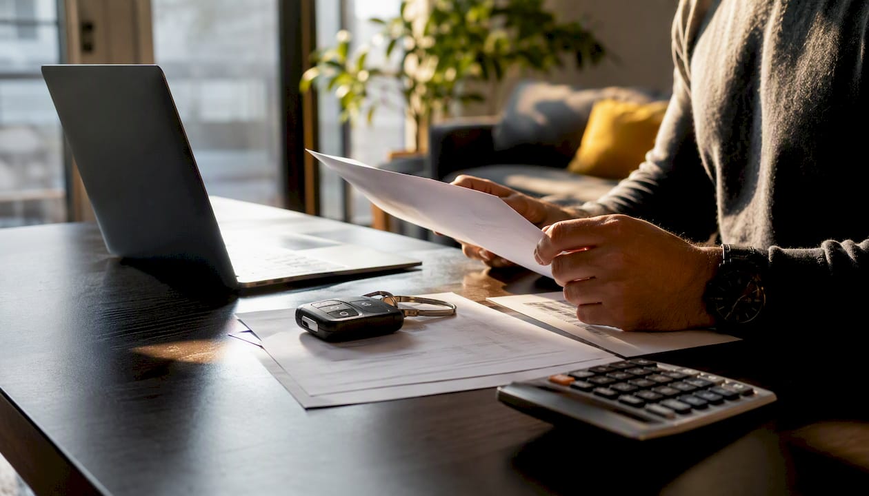 Car keys and insurance papers on desk