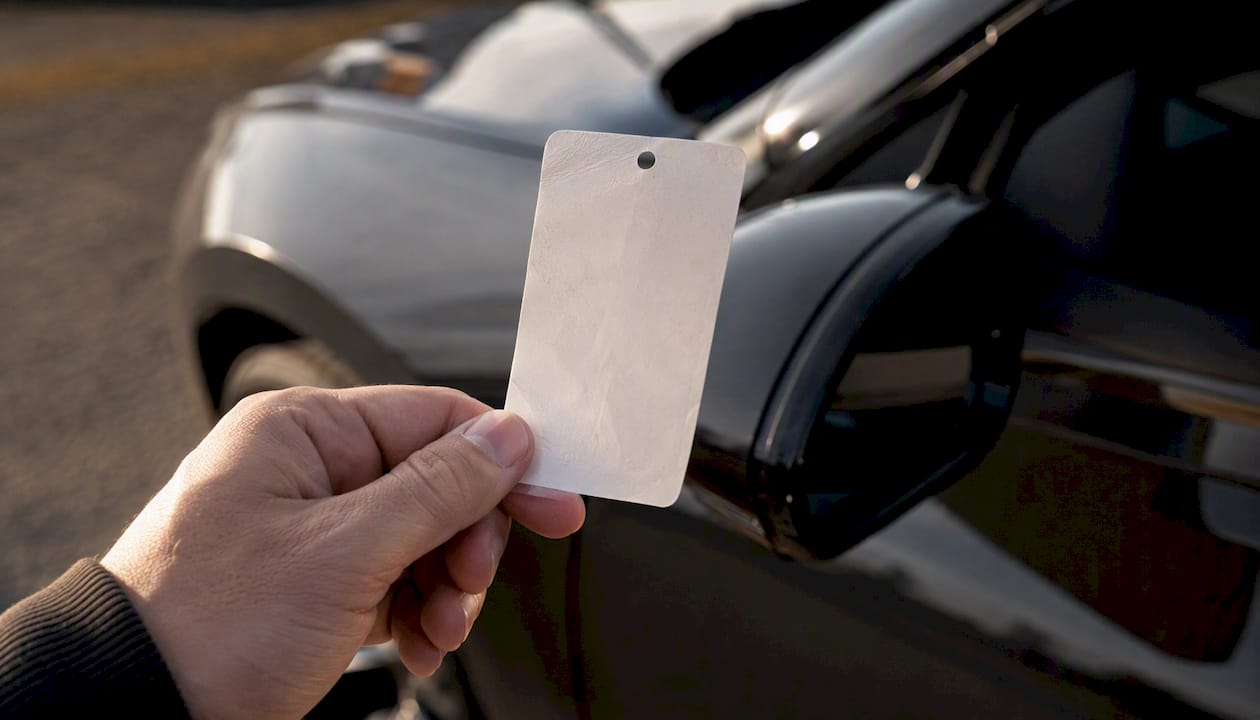 Hand holding transit permit tag near car rear windshield