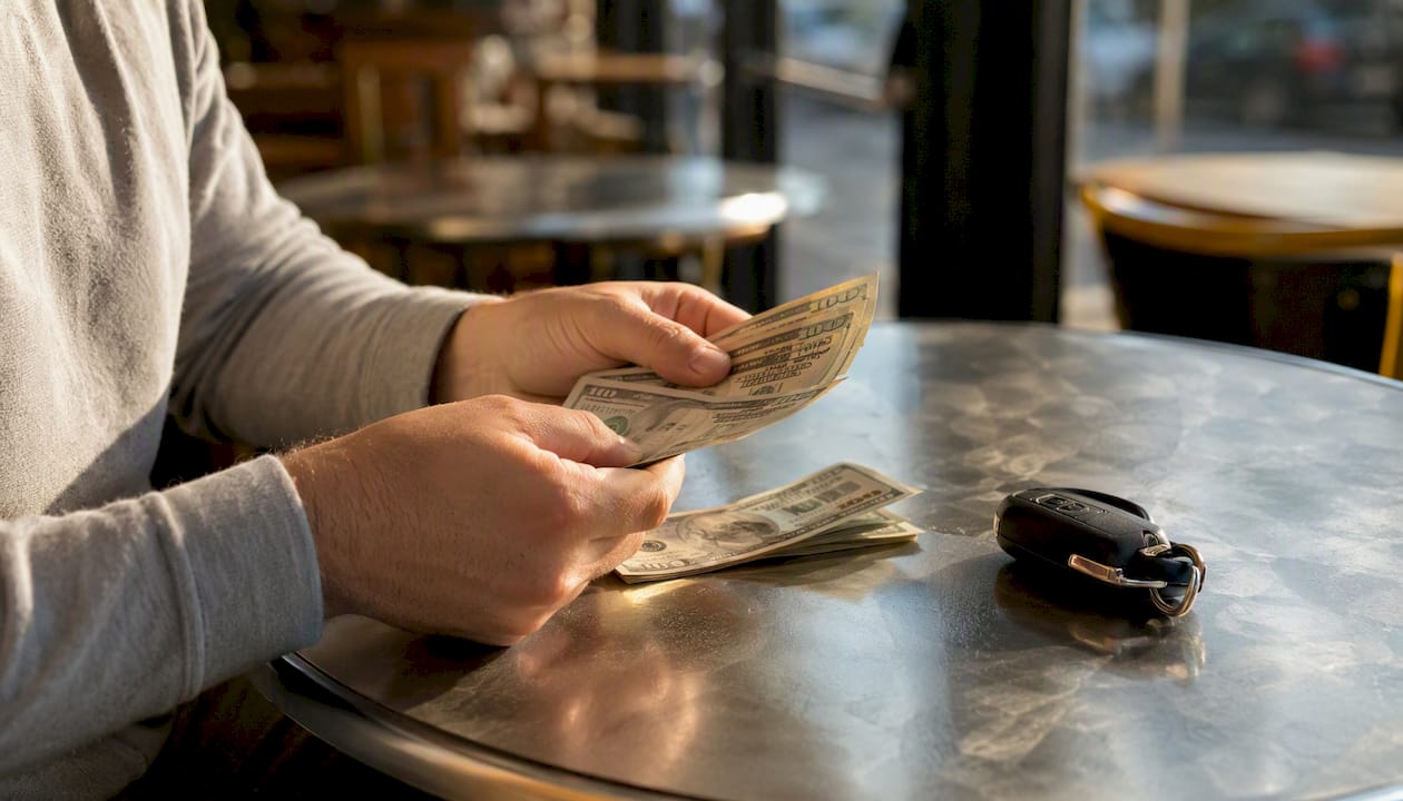 Hands counting cash beside car keys