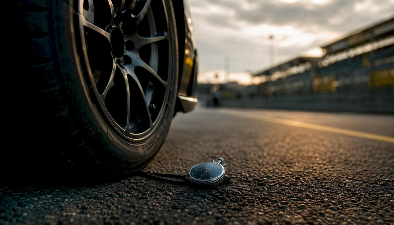Performance wheel with stopwatch on racetrack