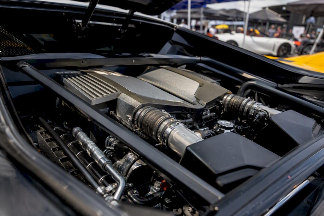 Close-up of mid-engine car mechanical parts