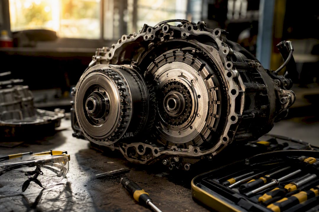 Detailed dual-clutch transmission components on workbench