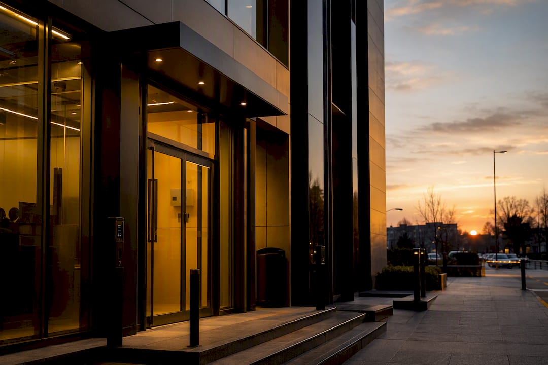 Financial institution building front entrance exterior
