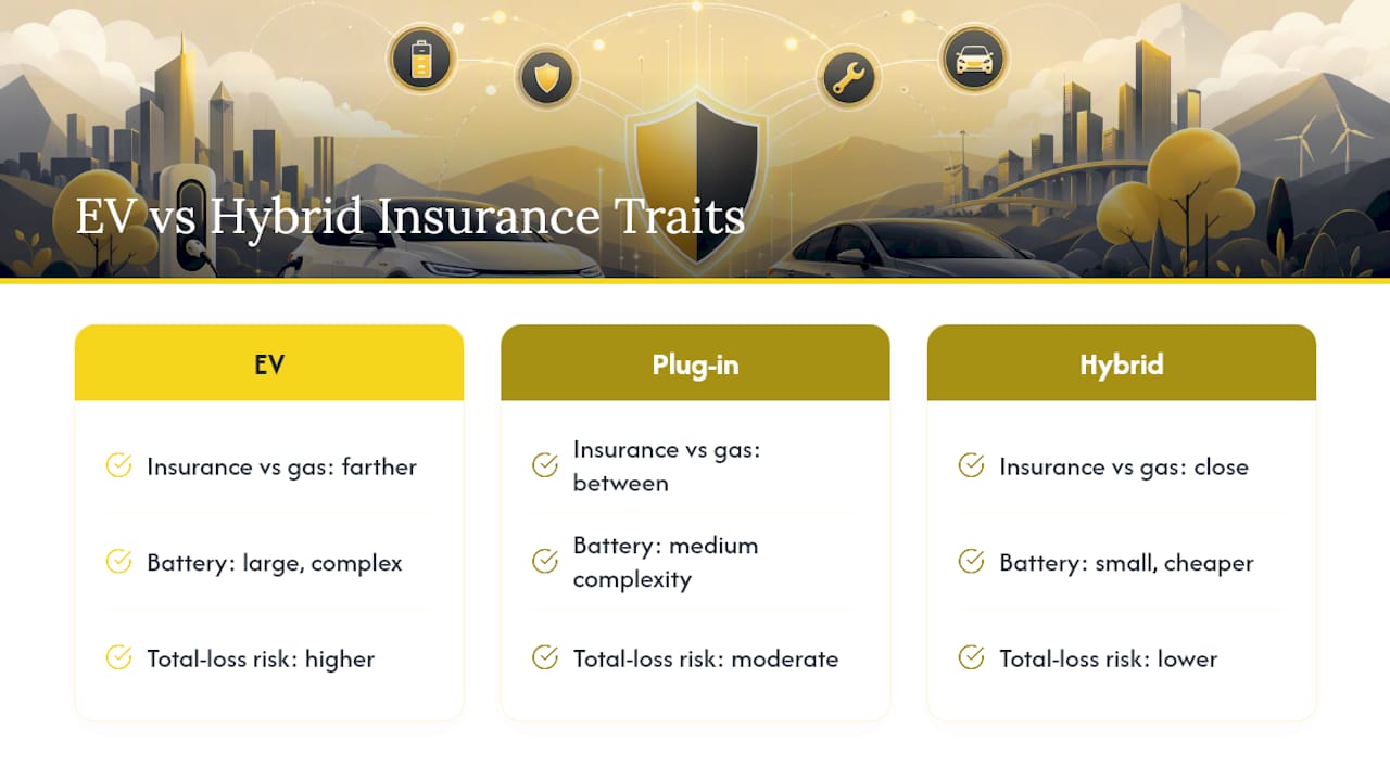 Diagram comparing EV, hybrid, and plug-in hybrid insurance costs