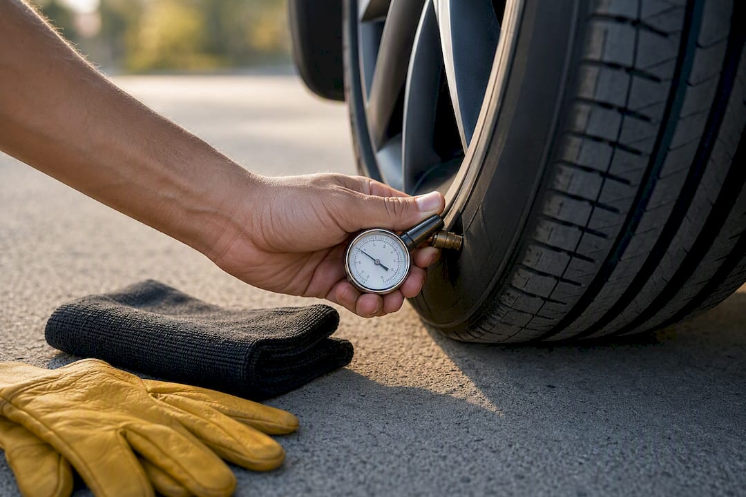 Hand checking tire pressure with gauge