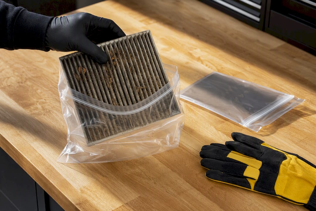 Dusty cabin air filter sealed for disposal