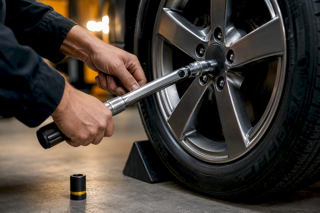 Mechanic using torque wrench on wheel lug