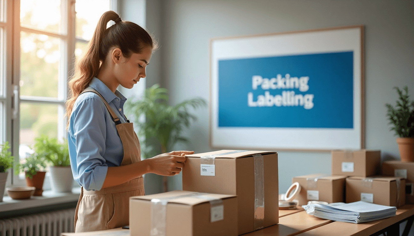 E-commerce worker boxing goods with packing labelling poster in background