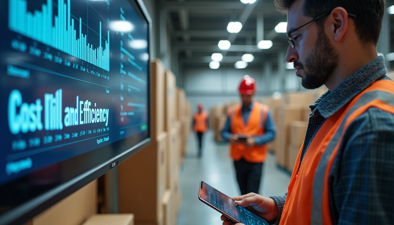 Warehouse manager viewing live cost and efficiency on monitor