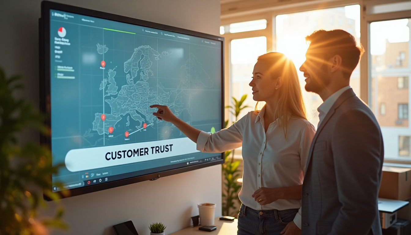 Professionals monitoring deliveries with customer trust banner on screen