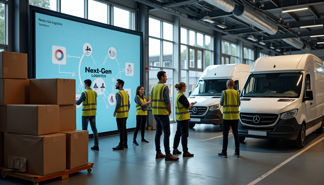 Modern UK logistics hub with teams using digital screens and electric vans
