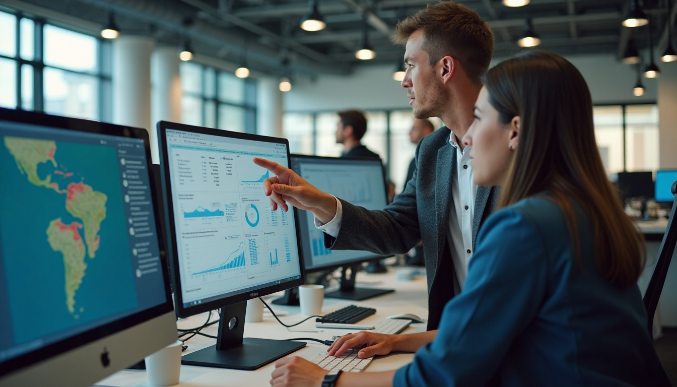 Logistics professionals analysing AI-driven delivery and route data