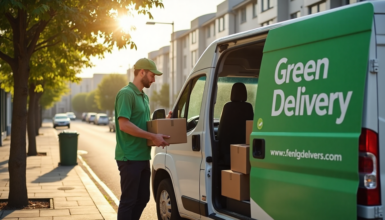 Courier unloads recyclable packages from electric van next to 'Green Delivery' sign