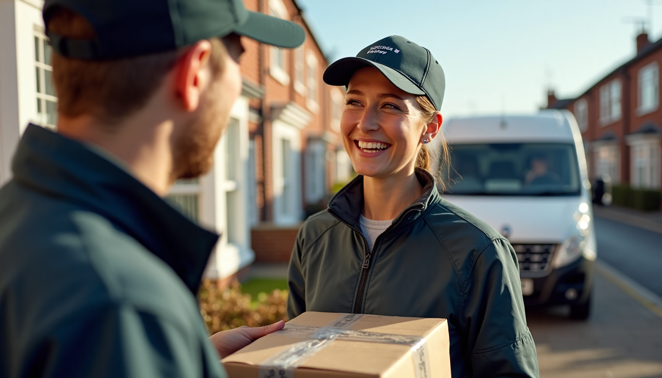 Courier and customer confirm parcel with 'Reliable Delivery' on device screen