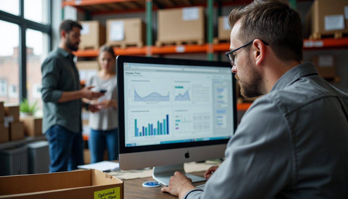 Manager and team review inventory and cash flow with 'Optimised Cash Flow' note