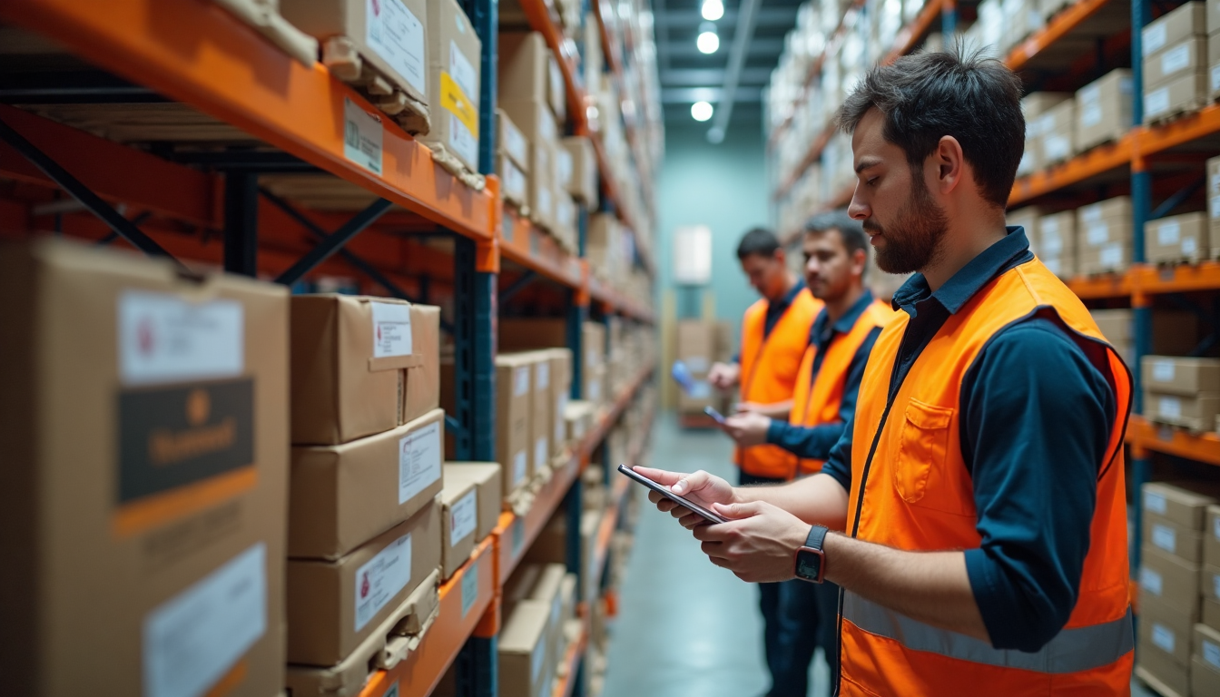 Warehouse staff efficiently receiving shipments with 'Just-in-Time' on digital screen