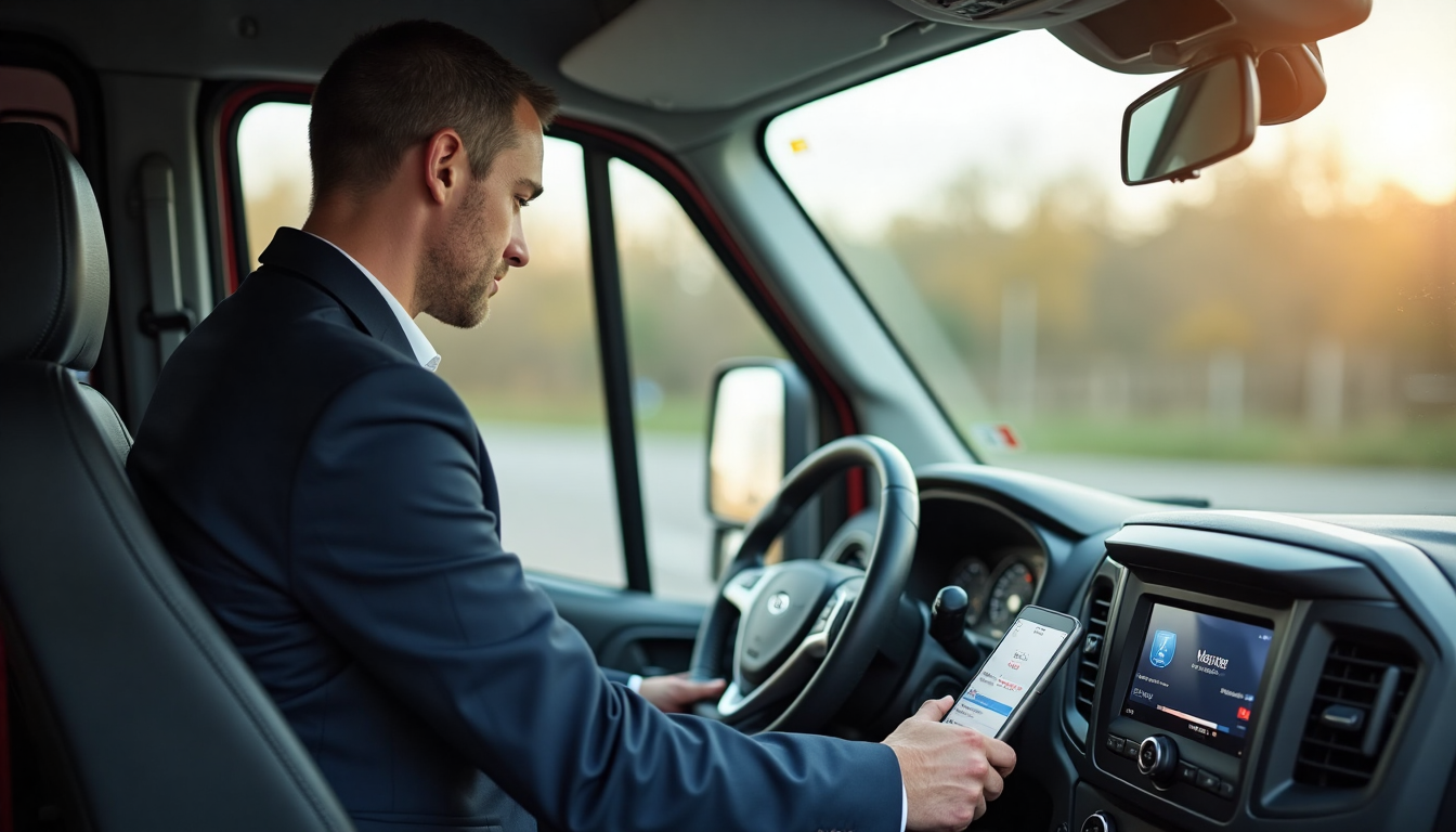 Delivery driver reviewing digital CPC training modules in van
