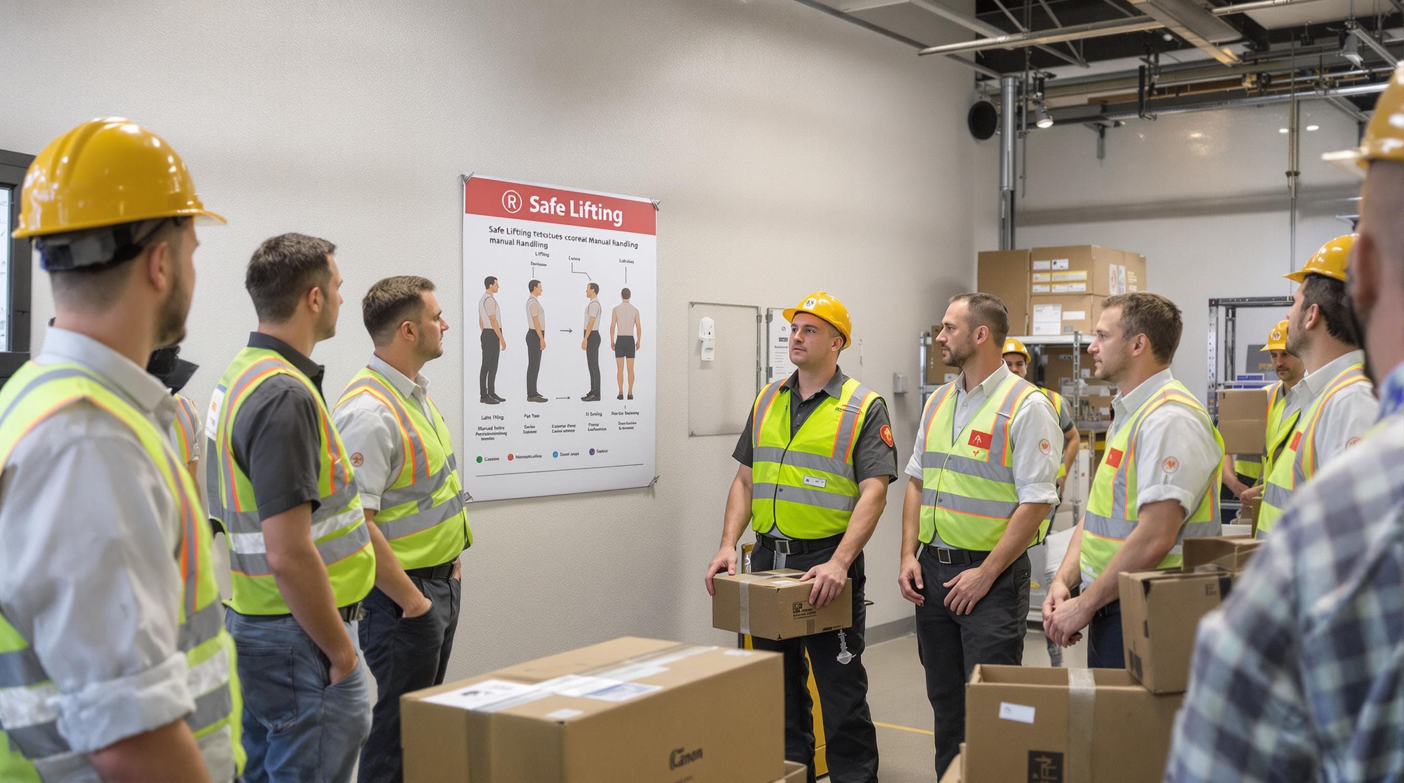 Warehouse staff learning safe manual handling techniques from instructor