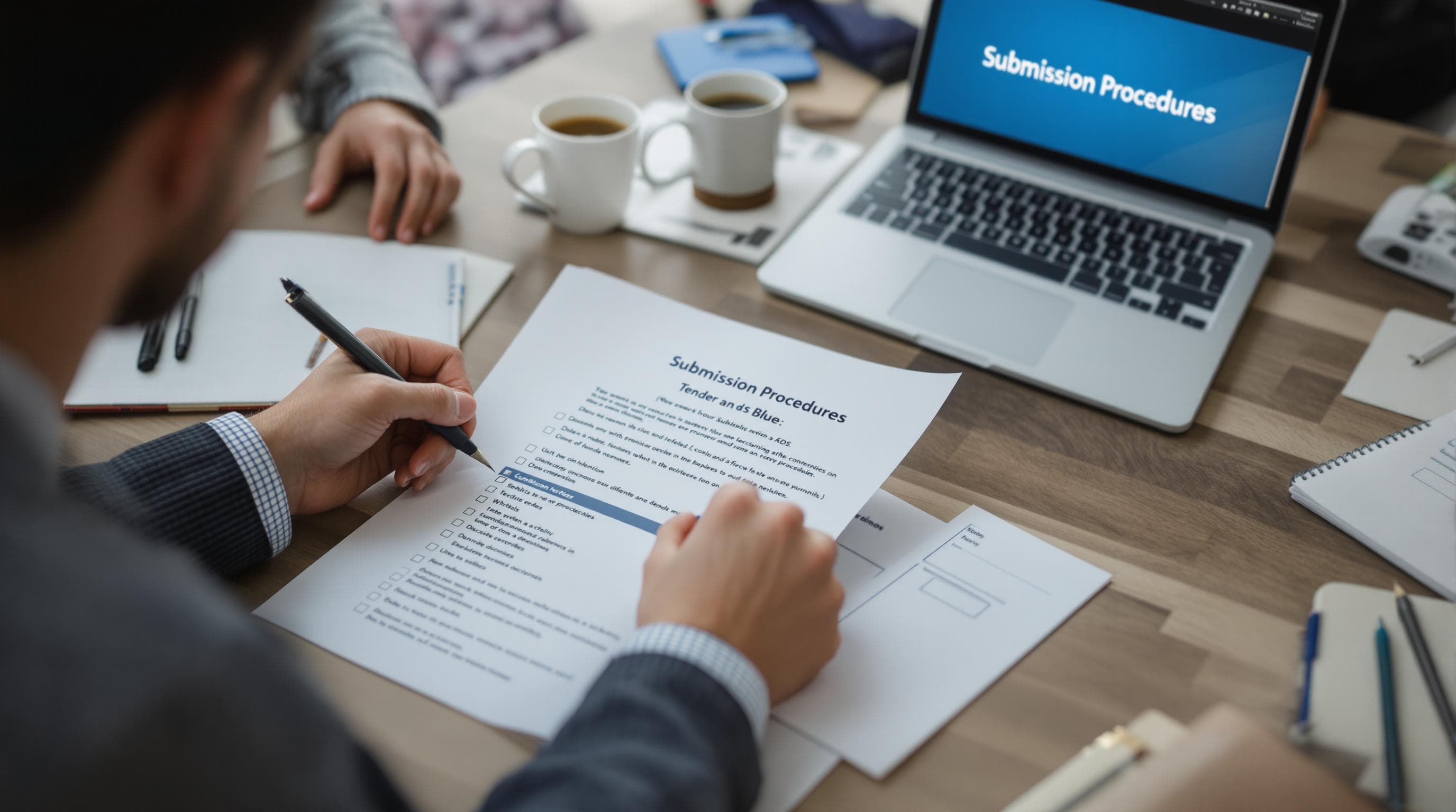 Hands reviewing tender document with checklist for submission procedures