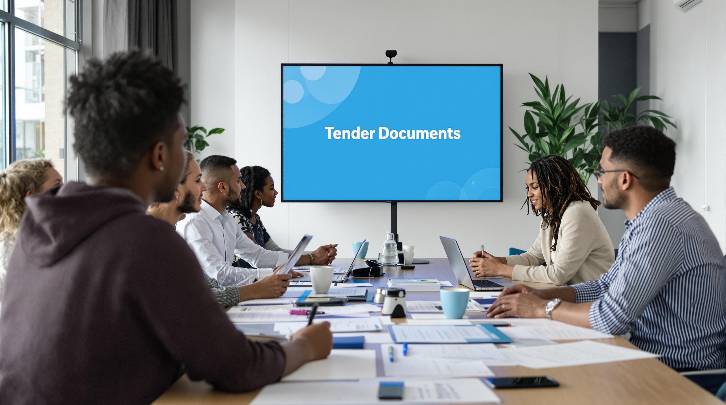 UK business team collaborating over tender documents in a bright office