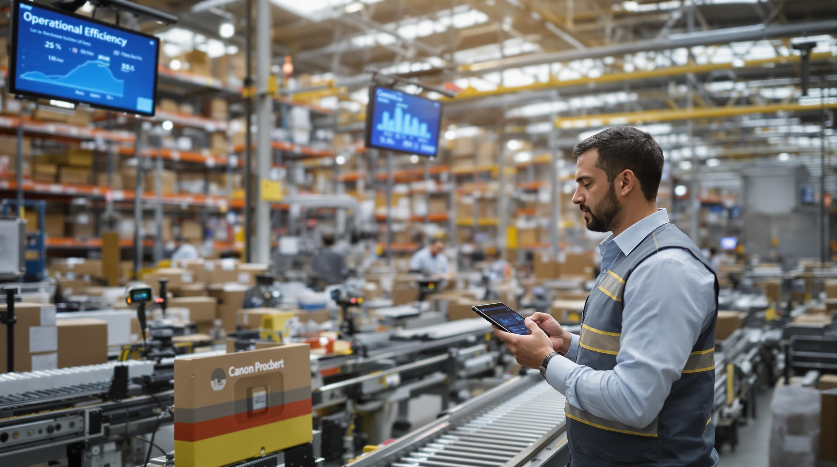 Warehouse staff using tech tools and dashboards for efficiency