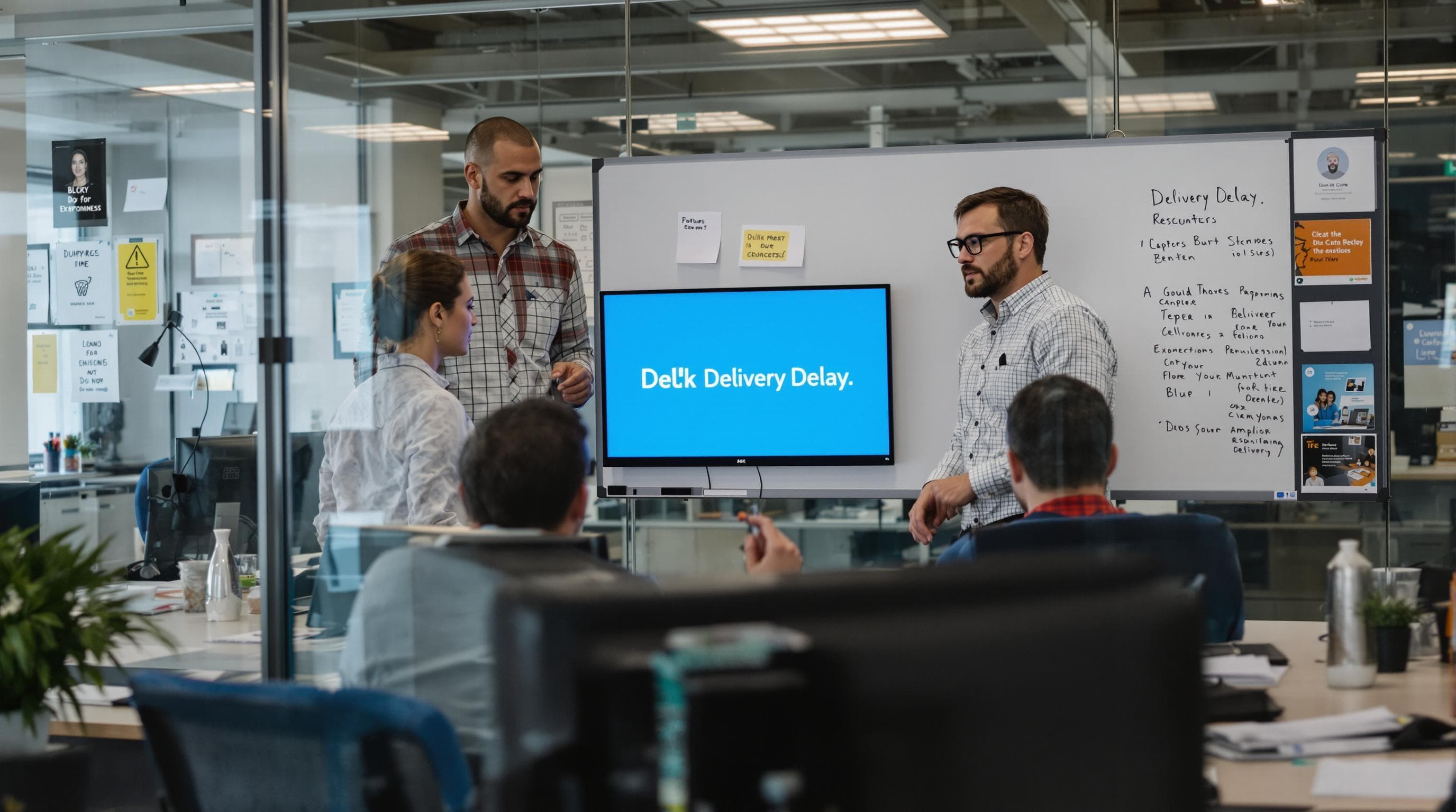 Office team reacting to delivery delay screen with 'Delivery Delay' whiteboard