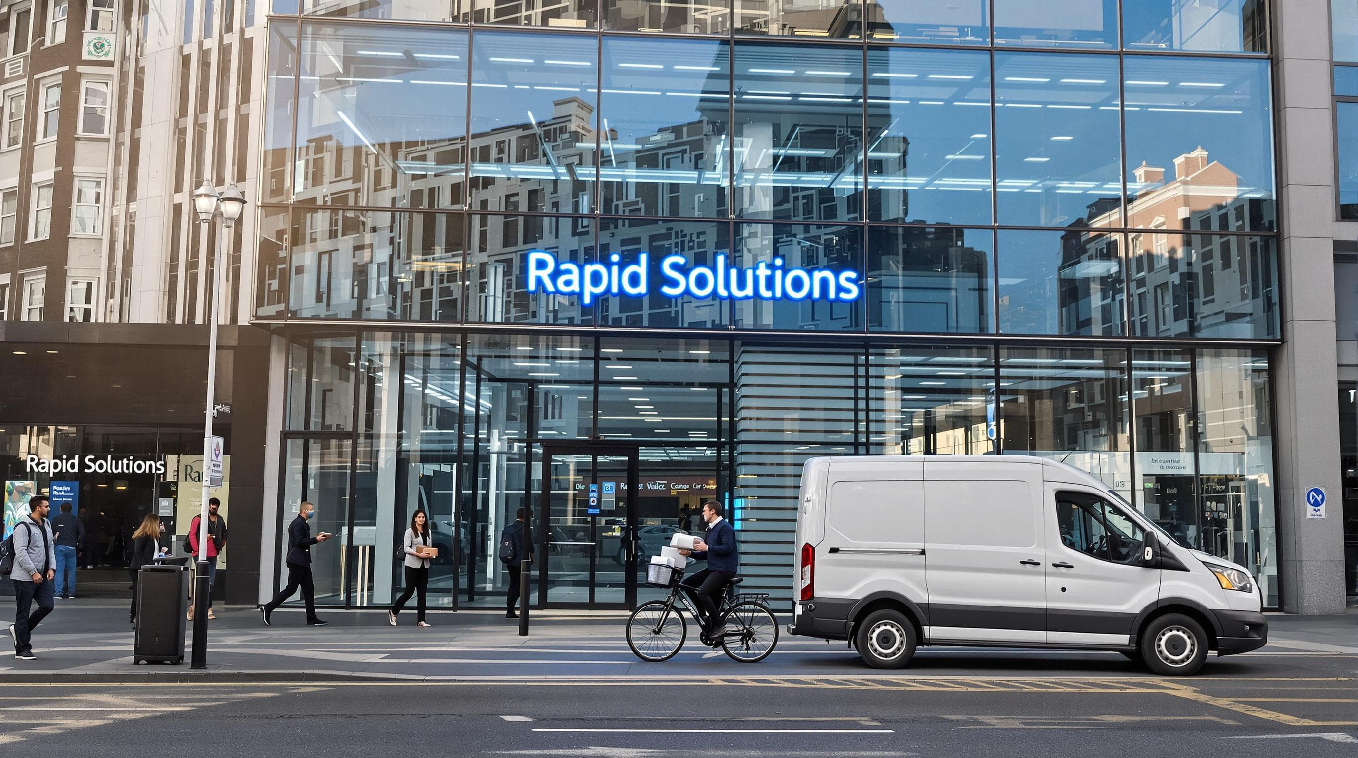 Cycle courier delivers urgent parcel outside UK office at sunrise