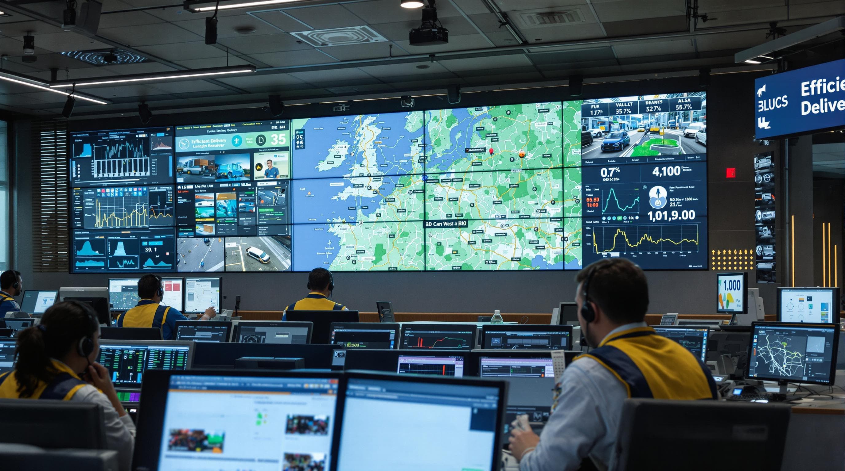 Team coordinates delivery routes in logistics control room with real-time data