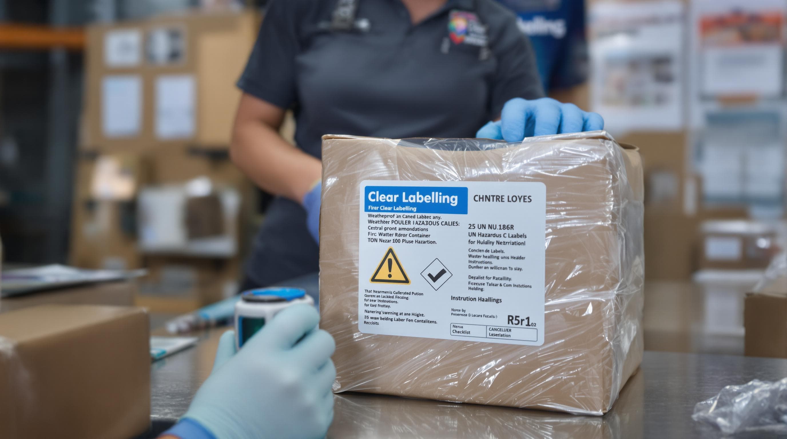 Gloved hands attaching detailed hazard label to shipping container.