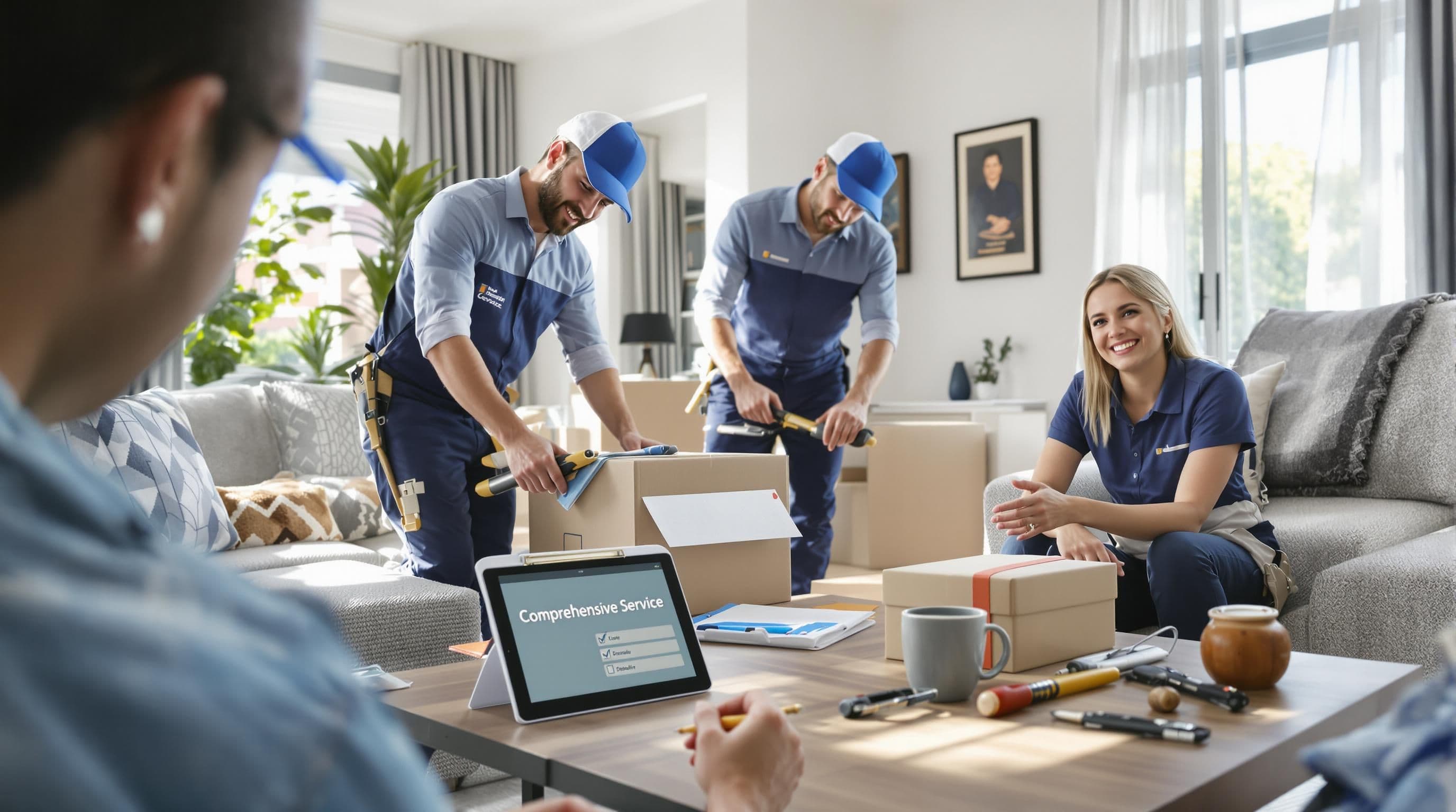 Delivery team assembling high-end furniture with checklist titled Comprehensive Service visible