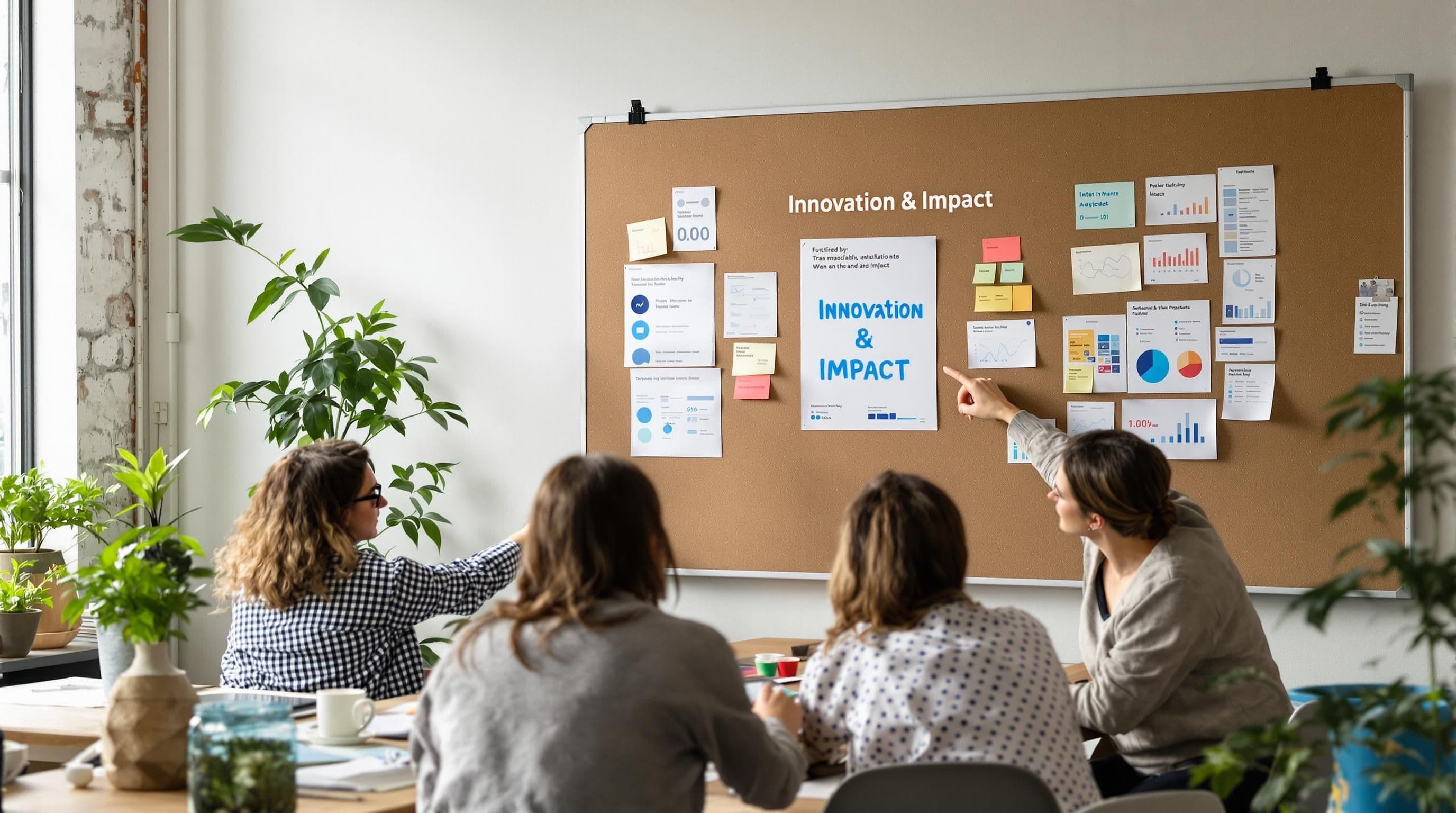 UK office team collaborating under poster reading Innovation & Impact