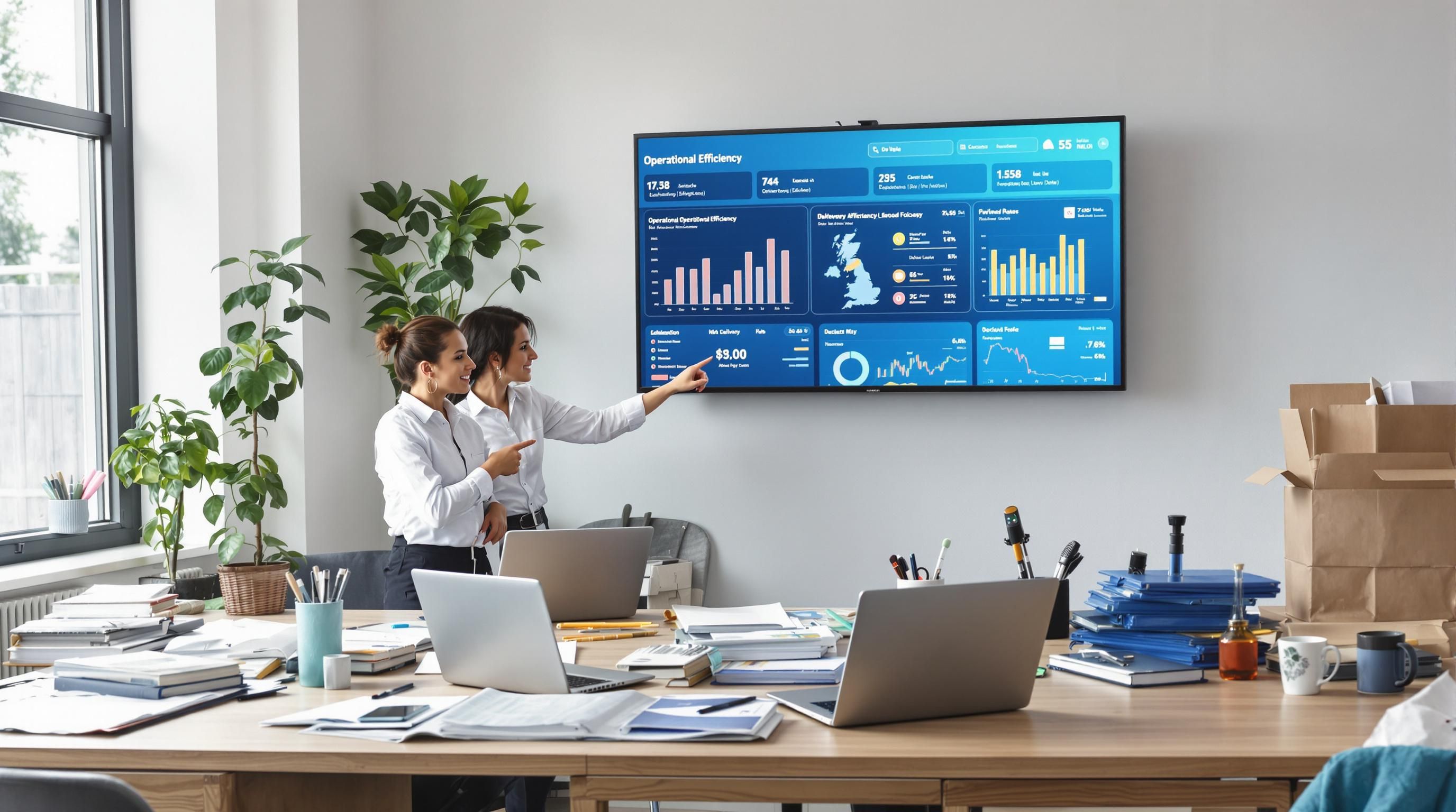 UK business team monitors deliveries and inventory on digital dashboard labeled 'Operational Efficiency'