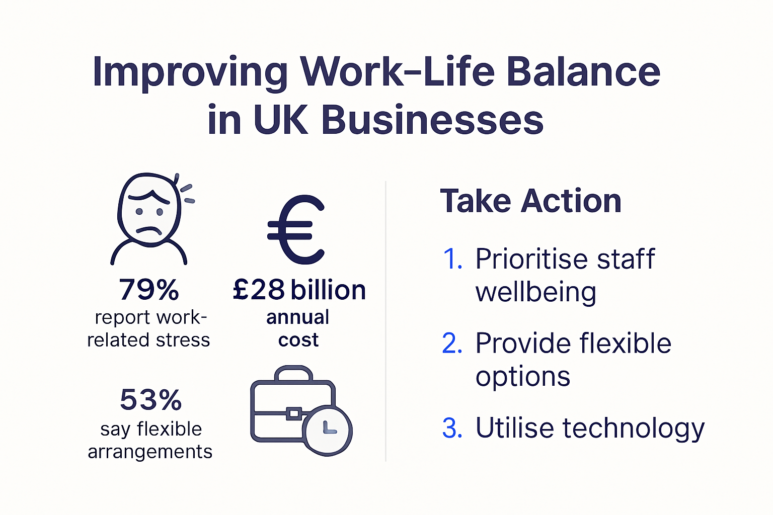 Infographic showing work life balance statistics, UK trends, and steps