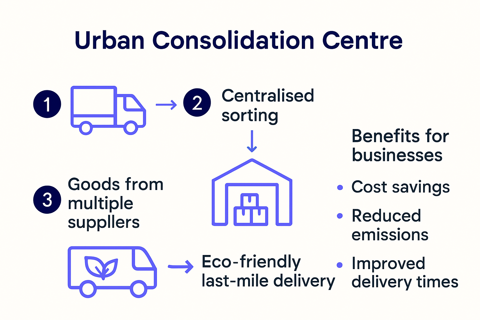 Infographic illustrating urban consolidation centre logistics and benefits