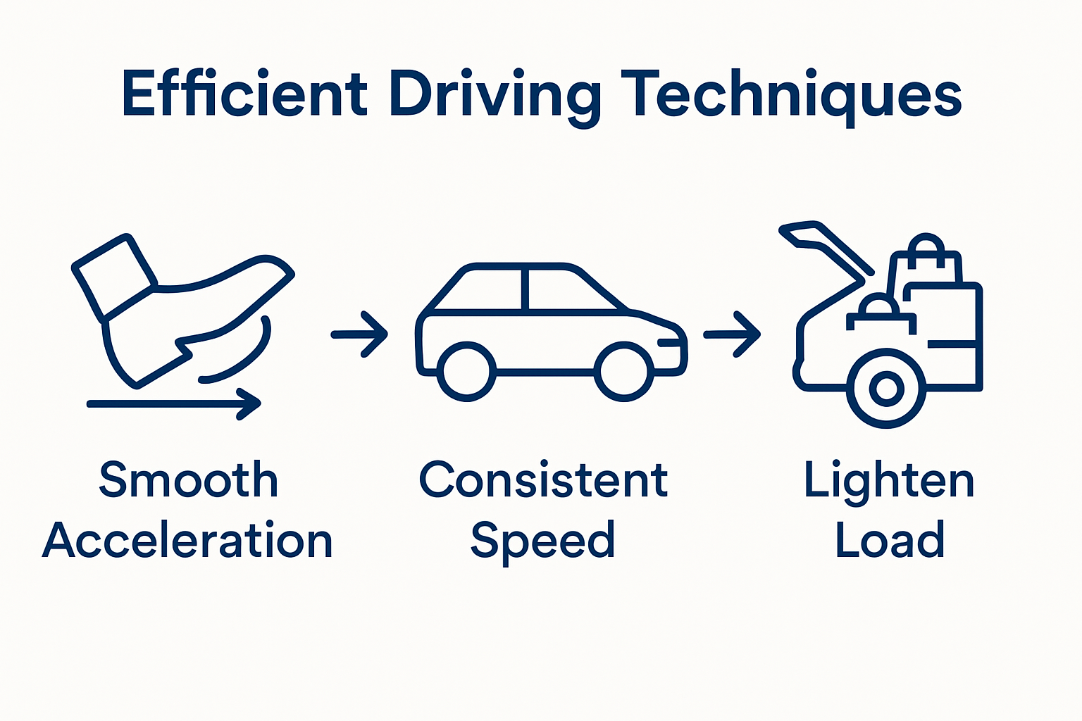 Infographic of three steps to efficient driving: smooth acceleration, consistent speed, lighten load.