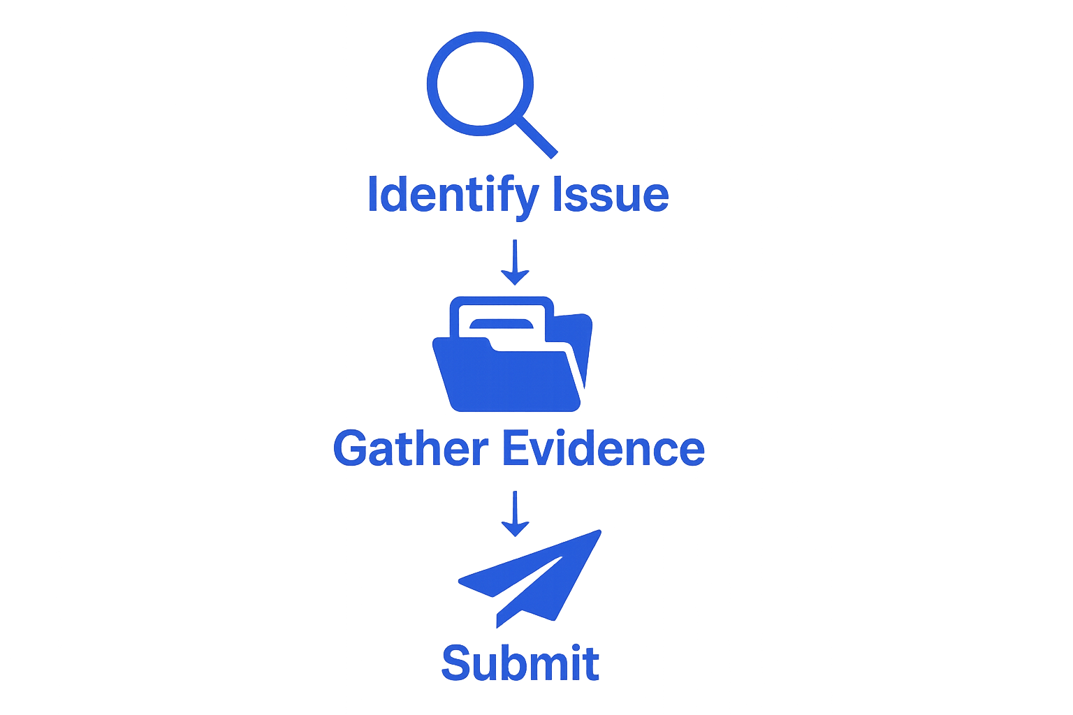 Infographic showing steps: identify issue, gather evidence, submit complaint