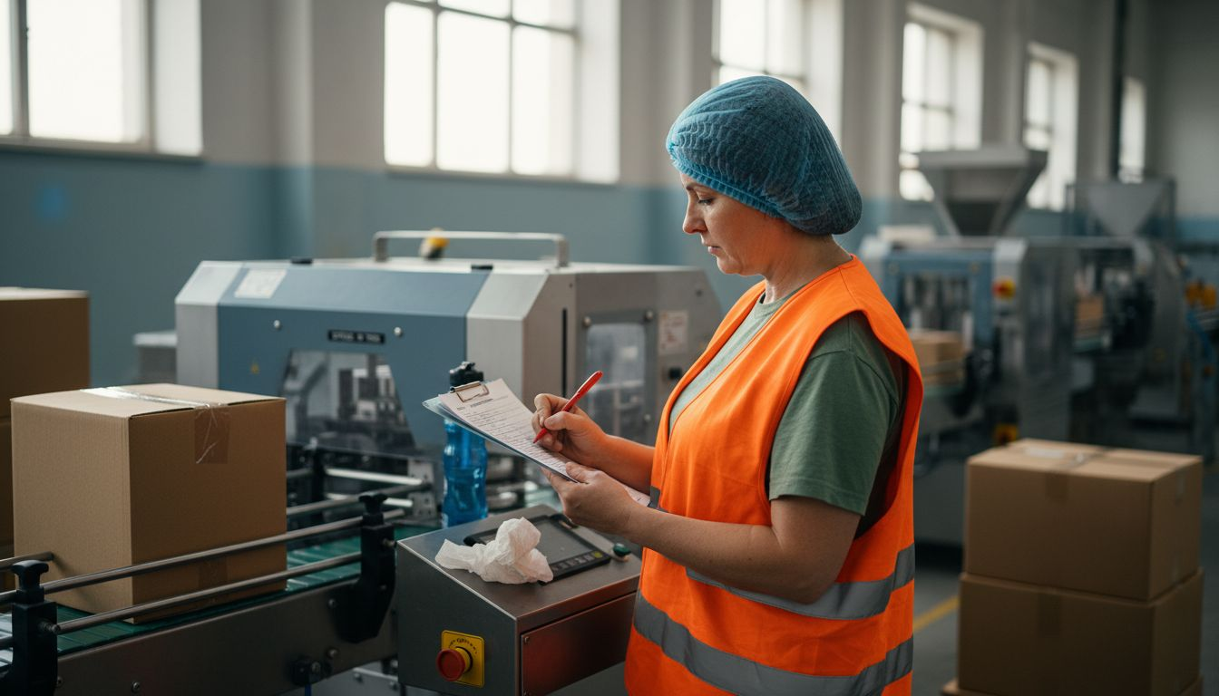 Kierownik sprawdza listę kontrolną dotyczącą produkcji suplementów